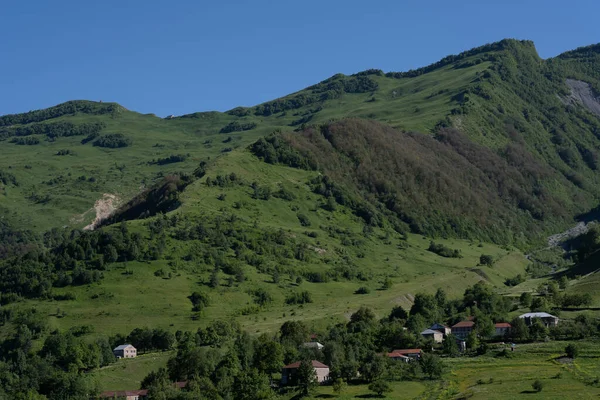 ジョージア地方の緑豊かな山々に青い空と遠くの道があり — ストック写真