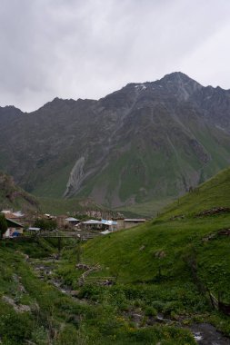 Köyün çevresindeki yeşil dağları ve kahverengi çatıları görebileceğiniz yüksek bir tepeden dağ köyü manzarası