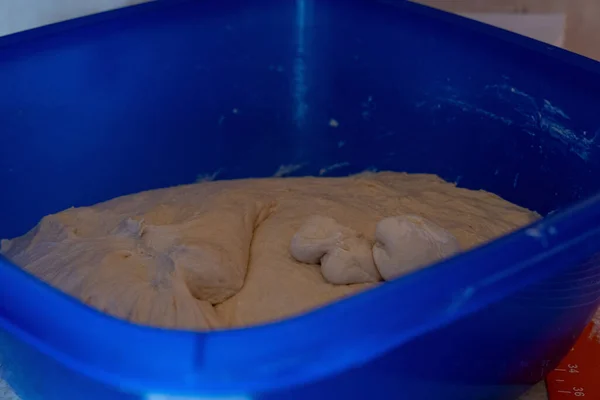 Blue Plastic Bowl Full Dough Made Flour — Stock Photo, Image