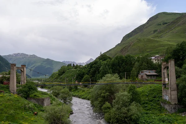 山の谷にある小さな川で橋が架かり両側には緑の木々や草が消えています — ストック写真