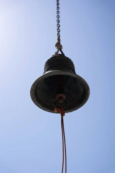 Large Metal Bell Set String Hanging Blue Sky Background — Stock Photo, Image