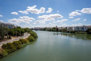 Her iki tarafında yeşil ağaçlar ve beyaz evler olan İspanya 'nın Seville şehrinden akan geniş yeşil bir nehir.