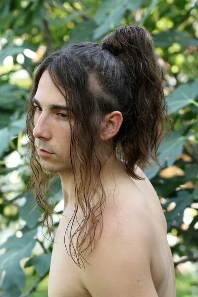 Attractive Guy Very Long Hair Posing Wild Modeling Fashion Concept — Stock Photo, Image