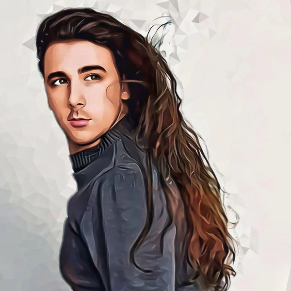 Attractive young guy with very long curly hair is posing in studio. Style, trends, fashion concept. Digital art.