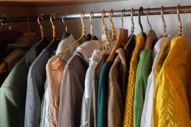 Dolaptaki askılarda bir sürü parlak renkli kıyafet var. Dolabı boşaltıyorum. İkinci el.