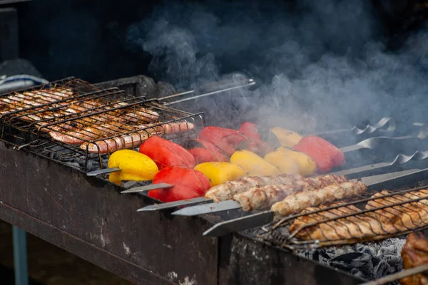 Kiköpött Hús Zöldség Megsült Egy Nyílt Tűz Felett Grillezett Hús — Stock Fotó