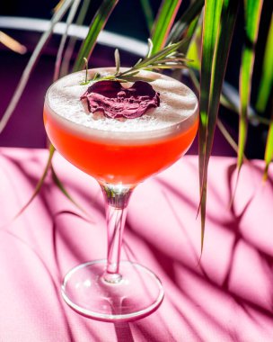 Arka planda tropik bir karışım, güneşten gelen gölgeler. Pembe arkaplan