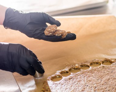 Fırıncı, hamur hamurundan yuvarlak bisküviler yapar. Pişirme hazırlığı