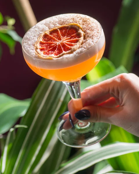 Cocktail Tropicale Giallo Fondo Fogliame — Foto Stock