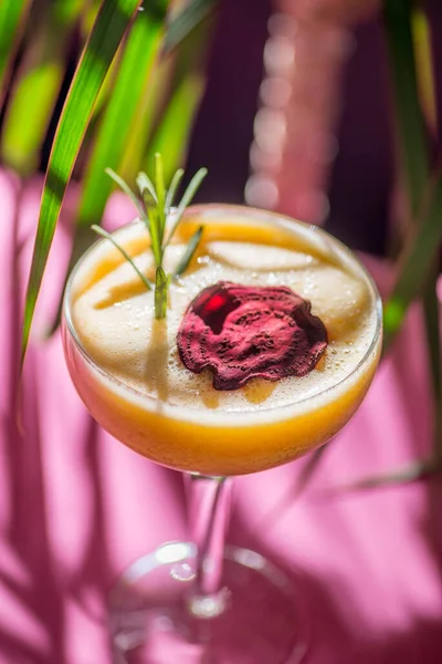 Tropisk Cocktail Bakgrund Bladverk Skuggor Från Solen Rosa Bakgrund — Stockfoto