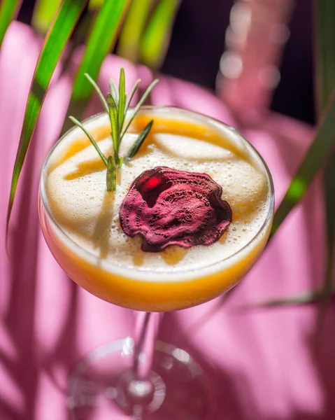 Tropisk Cocktail Bakgrund Bladverk Skuggor Från Solen Rosa Bakgrund — Stockfoto