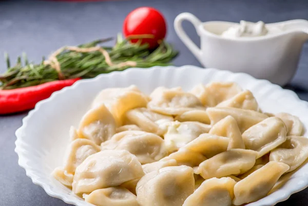 Boiled Dumplings Filling Sauce Plate Steam Plate — Stock Photo, Image