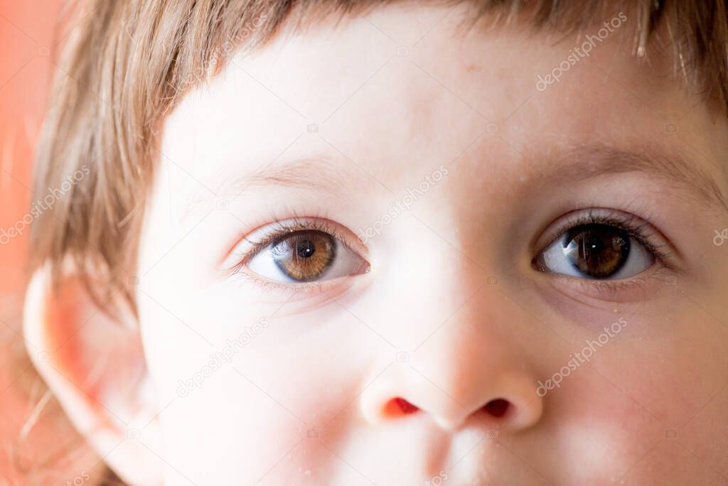 baby dark brown eyes close-up. Look straight into the lens