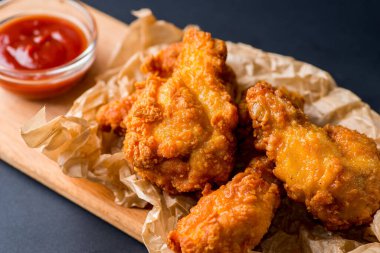 Kızarmış tavuk kanadı ve ketçap.
