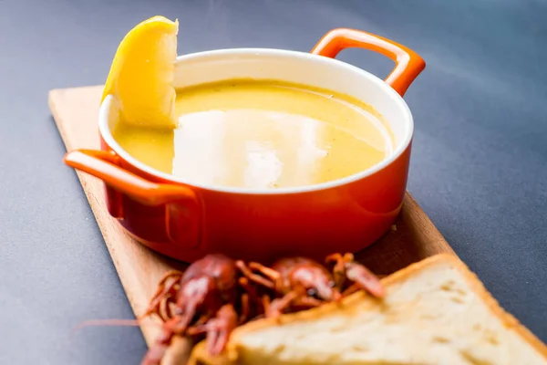 Cream Soup Croutons Unusual Feed Crayfish — Stock Photo, Image