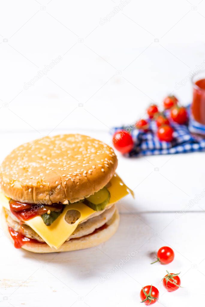 classic burger on a wooden table