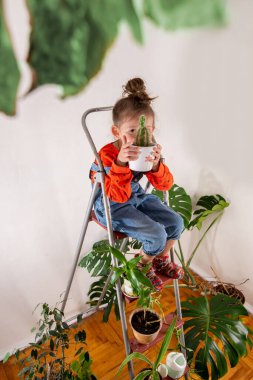 Kotlu çocuk arka grubuna karşı kaktüs tenceresi tutuyor.