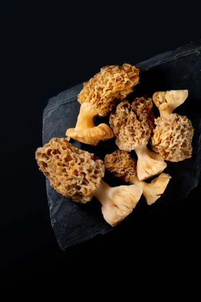 Edible Morel Mushrooms Black Background Spring Edible Mushroom — Stockfoto