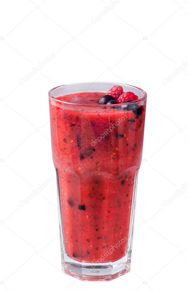 Berry smoothie in a tall glass on a white background. Isolated glass with thick cocktail