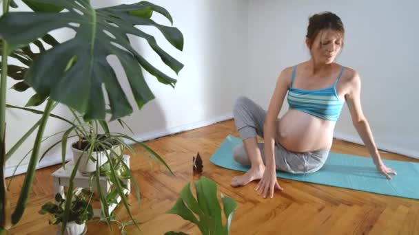 Pregnant Young Happy Woman Doing Yoga Online Workout Pregnant Woman — Video Stock