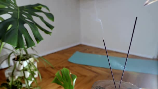 Yoga Mat People Indoor Plants Incense Smoke Meditation Concept Relaxation — Stockvideo