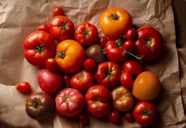 Bunch of juicy multi-colored tomatoes in a pile on craft paper. Organic ugly vegetables. Top view with copy space