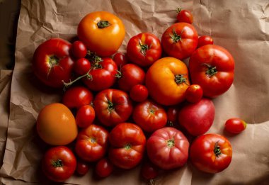 El işi kağıdındaki bir yığın farklı domates. Organik çirkin sebzeler. Kopyalama alanı olan üst görünüm