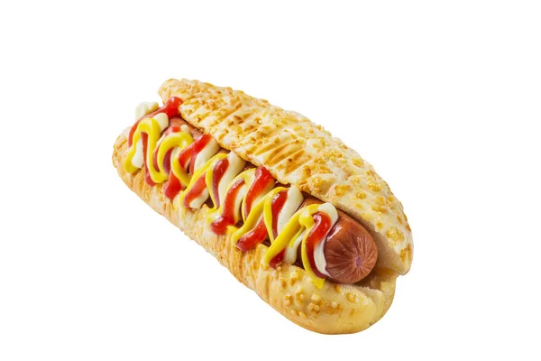 Hot Dog Ozdobiony Sosami Białej Bułce — Zdjęcie stockowe