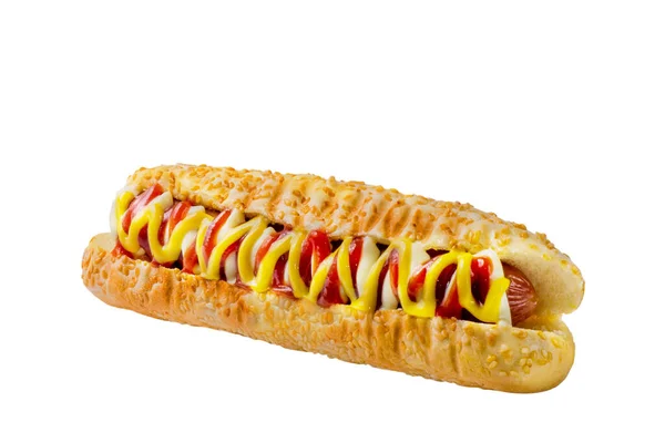 Hot Dog Zdobený Omáčkou Bílé Housce — Stock fotografie