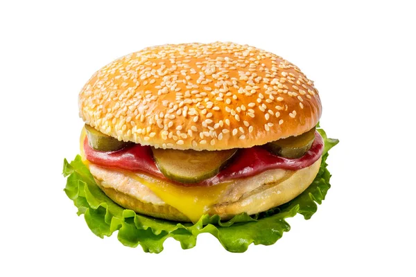 Ψητό Cheeseburger Πίκλες Και Σάλτσες Λευκό Κουλούρι Σουσάμι Φύλλο Μαρουλιού — Φωτογραφία Αρχείου