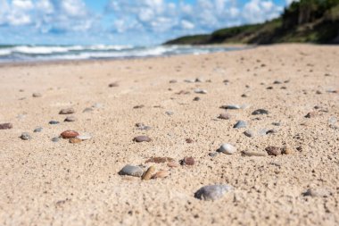 Deniz kıyısı kum ve çakıl taşının yakın görüntüsü