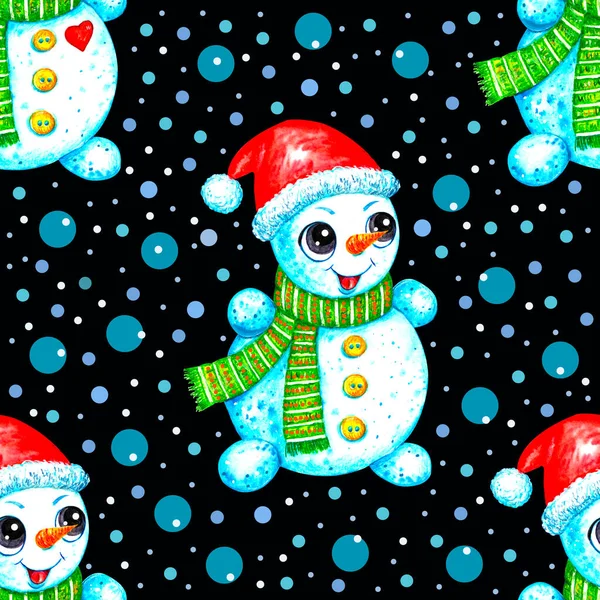 Watercolor Winter Pattern Snowmen — Stockfoto