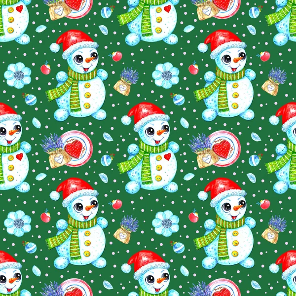 Watercolor Winter Pattern Snowmen — Stockfoto