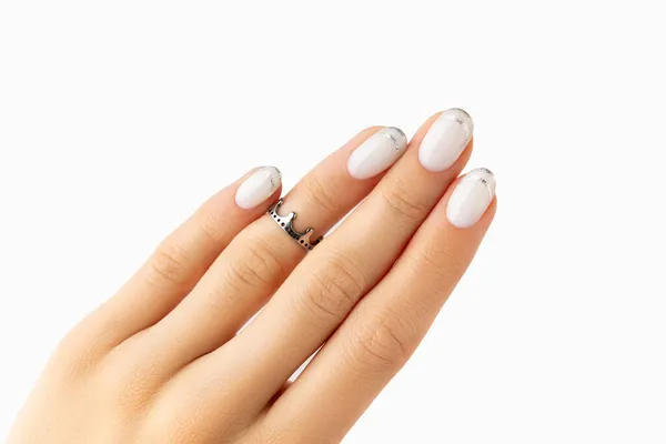 Schöne Gepflegte Frauenhand Mit Modernem Französischem Nageldesign Auf Weißem Hintergrund — Stockfoto