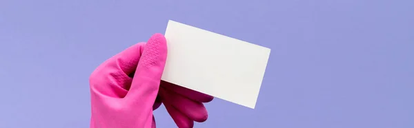 Womans hand in pink rubber glove holding business card on purple — Stock Photo, Image