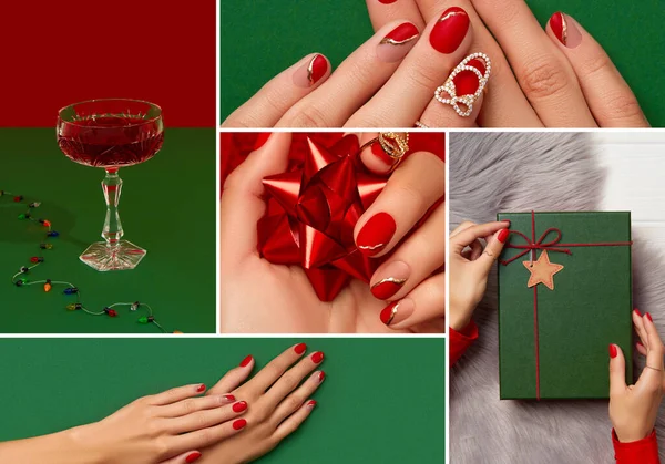 Collage con las manos de las mujeres cuidadas. Navidad año nuevo diseño de uñas — Foto de Stock