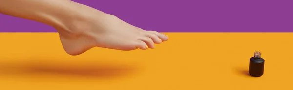 Samičí Noha Letním Designem Nehtů Oranžovém Fialovém Pozadí Ošetření Těla — Stock fotografie