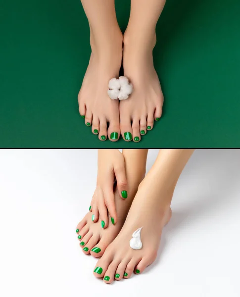 Collage Con Pies Mujer Con Diseño Uñas Primavera Verano Sobre — Foto de Stock