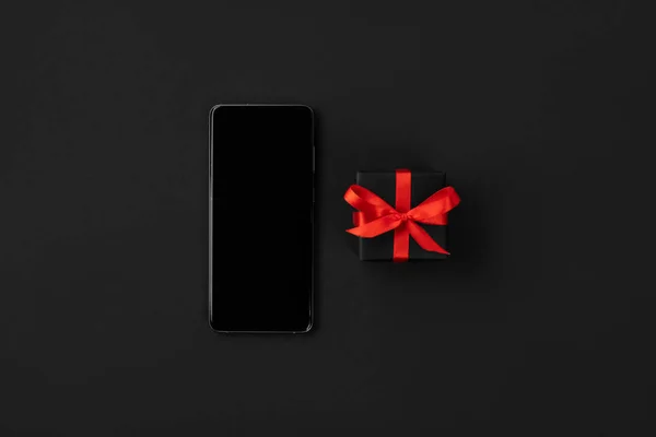 Flat Lay Top View Composition Smartphone Gift Black Friday Thanksgiving — Stock Photo, Image