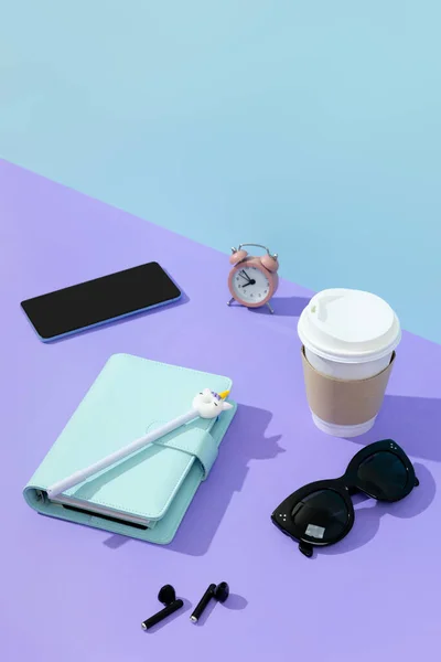 Creative Layout Stationery Coffee Cup Headphones Purple Table Work Home — ストック写真