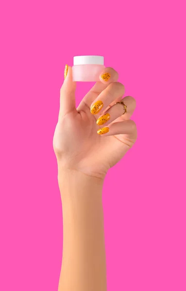 Female Hand Holding Jar Cream Lotion Pink Background Cosmetic Products — Photo