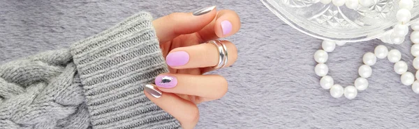 Womans Hand Trendy Lavender Manicure Fashion Clothes Accessories Shopping Sale — Stock Photo, Image