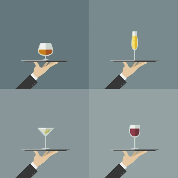 Ober brengt een glas wijn, champagne, whisky — Stockvector