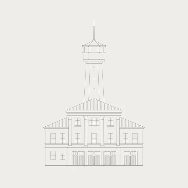 Линейная иллюстрация старого здания пожарной станции. — стоковый вектор