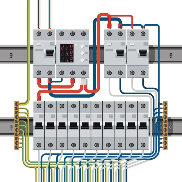 Disjoncteurs sur rails din reliés à des fils — Image vectorielle