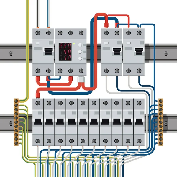 Disyuntores en rieles din conectados a cables — Archivo Imágenes Vectoriales