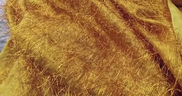 Harmonische Bewegung Des Goldenen Tuchs Auf Dem Felsen Des Sees — Stockvideo