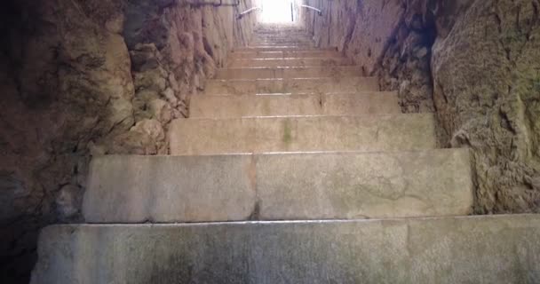 Interior View Underground Tunnel Staircase Made Bricks Light Background Architectural — Stockvideo
