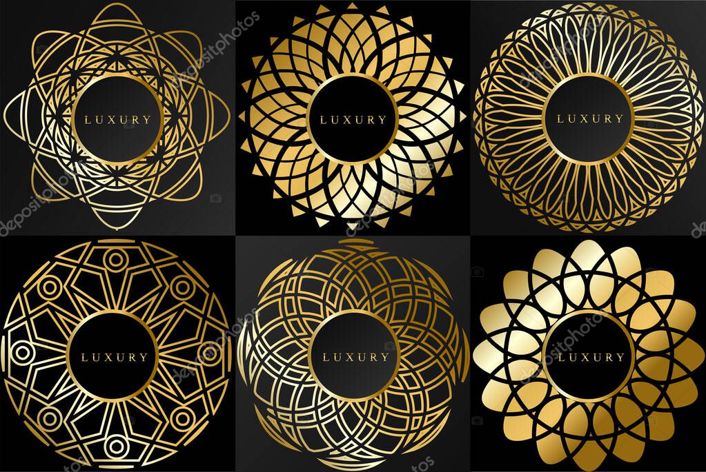Luxury logo set. Geometric shapes, symmetrical, mandala style. Elegant black and gold, space for logo in golden frame. Vector image.