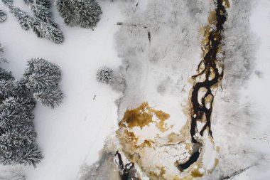 Bulutlu bir kış sabahı, güzel, donmuş Jagala (Estonya - Jgala) şelalesi ve nehir manzarası. Estonya.